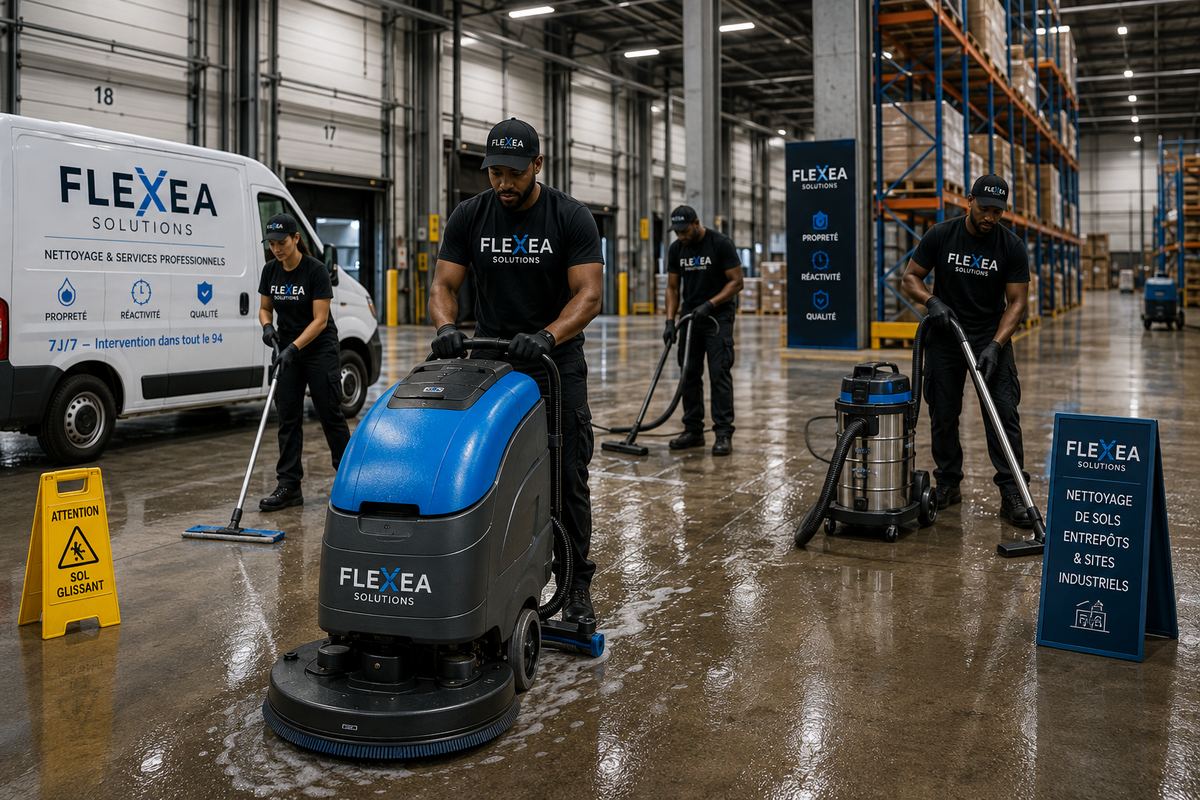Équipe Flexea Solutions nettoyage de sols entrepôts et sites industriels